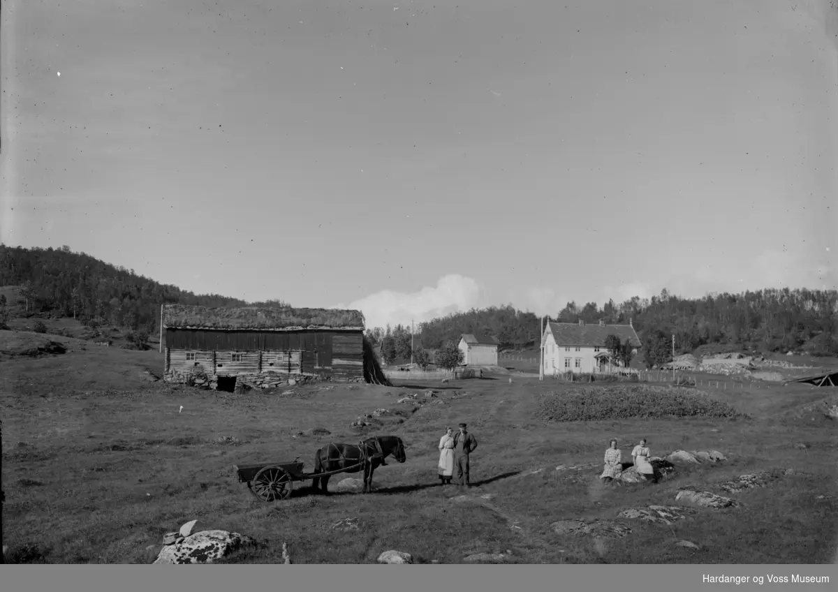 Gardstun Hest Med Kjerre Og Fire Personar Ukjende Hardanger Og Voss Museum Digitaltmuseum 