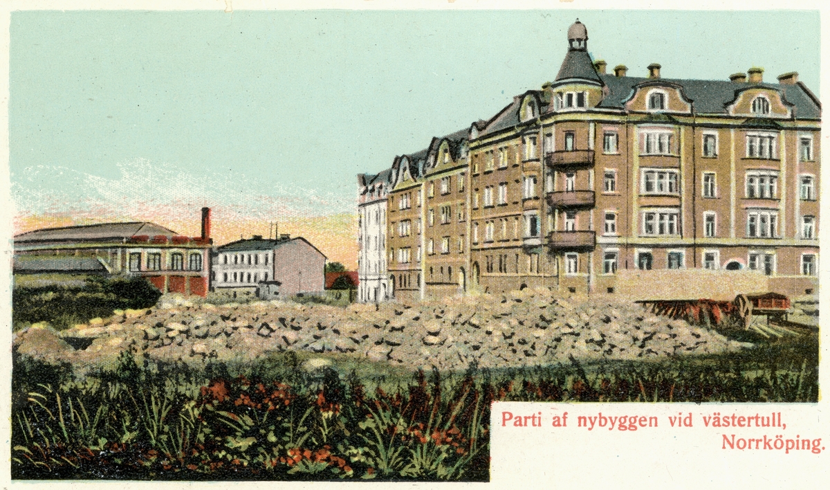 Kolorerat vykort med motiv från Väster Tull i Norrköping.