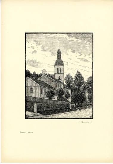 Originalträsnitt.
Gränna kyrka med Brahegatan.
