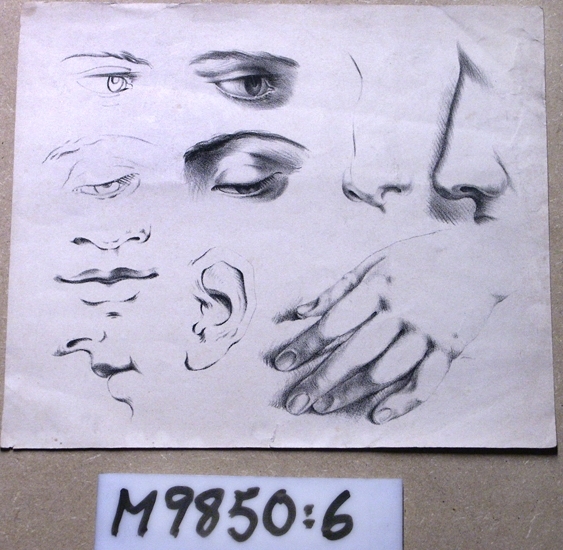 Litografi. 
Olika delar av människan (ögon, näsa, mun, hand).