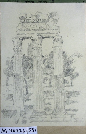 Kolteckning.
Tre romerska kolonner. (Från Forum Romanum ?).