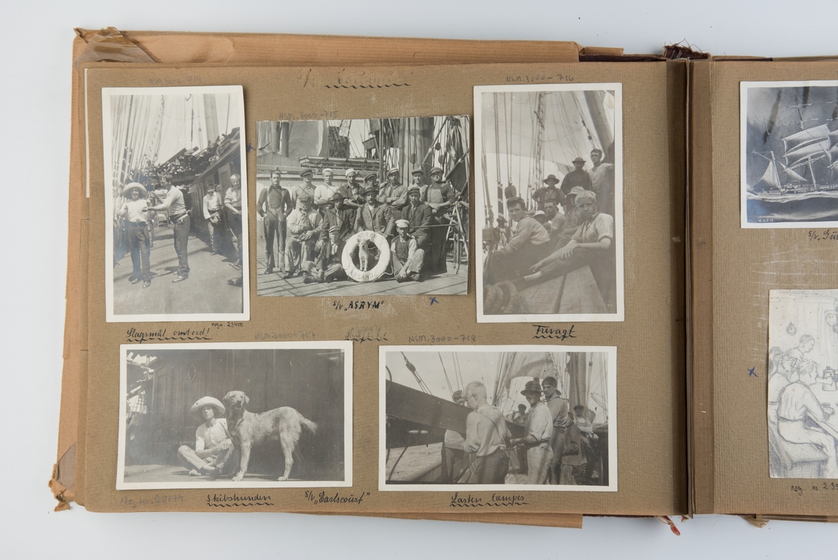 Fotoalbum med bilder tatt ombord i seilskuter, i Buenos Aires (1917-1919) og Constantza (1935-1936). Avbildede skip: Vinstra (seilskip), Earlscourt (skip), Yola (seilskip), Sirdal (seilskip), Storegrund (seilskip), Spangereid (seilskip), Alfhild (seilskip), San Jose (skip), Plus (skip), Australia (seilskip), Indiangirl (seilskip), Henrik Ibsen (dampskip), Arna (skip), Støveren (seilskip), Nordstjernen (seilskip), Rena (skip), Skomvær (skip), Bølgen (seilsskip), Manx King (seilskip), Hovid (seilskip), Marca (seilskip), William Taylor (seilskip), Alfred Nobel (dampskip), Sofie (seilskip), Asrym (seilskip), Baunen (seilskip), Spangereid (seilskip), Storegrund (skip), Hiram (skip), Songdal (seilskip)
