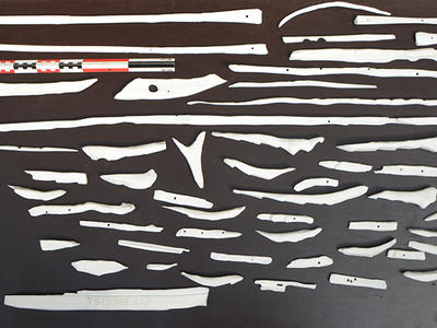 Oversiktsbilde av de 3D-printede delene til modellen av Lovundbåten. Små båtdeler i hvit plast ligger spredt ut på et bord.. Foto/Photo