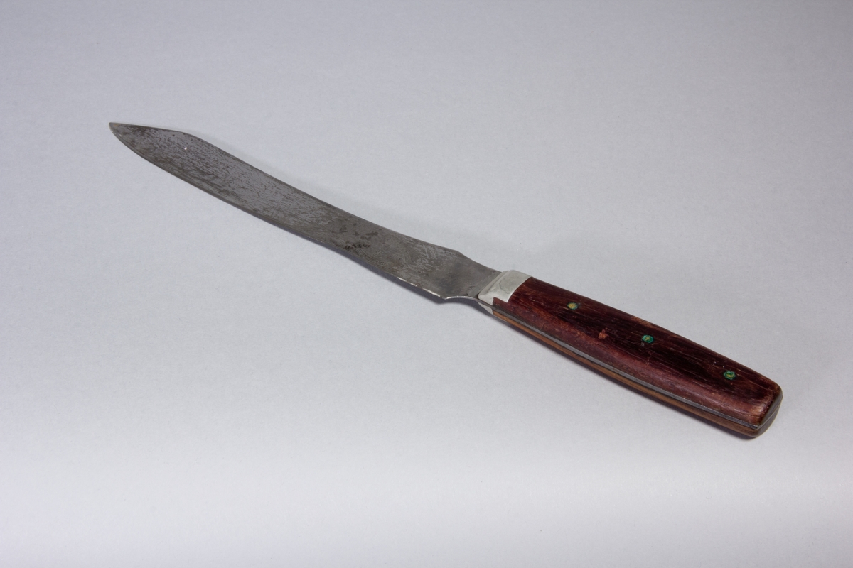 Brödkniv med blad av stål och skaft av mörkt trä, fastsatt med mässingsnitar.