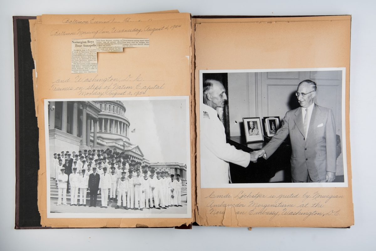 Utklippsbok med fotografier og tekst fra 'Statsraad Lehmkuhl's reise til Baltimore i 1954