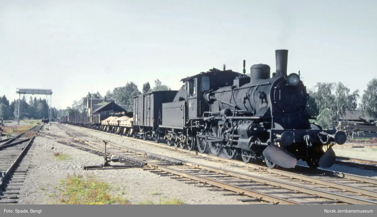 Damplokomotiv type 27a nr. 248 med godstog på Roverud stasjon.