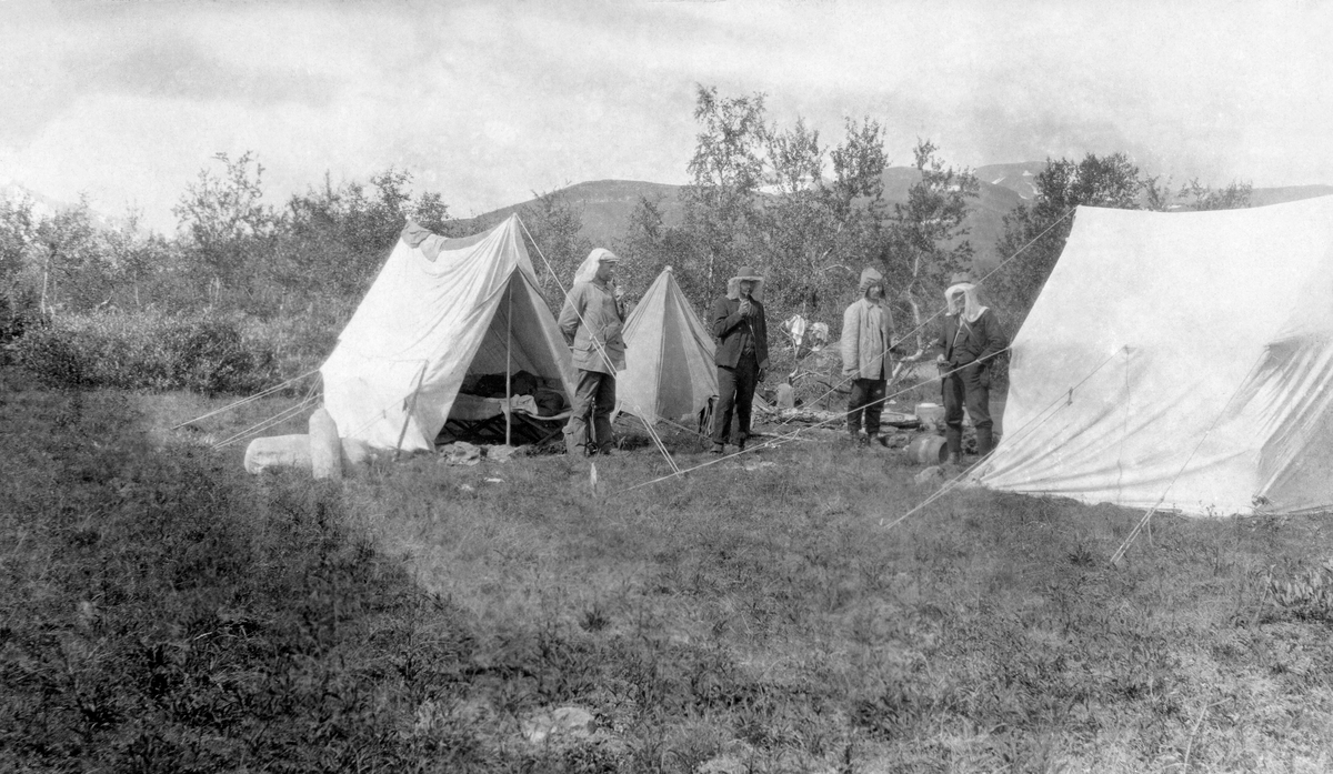 Fra «reinbeitebefaring» ved Altevatnet (Álddesjárvi) i Bardu i Troms i 1912.  Fotografiet viser ei gruppe på fire menn mellom tre oppslåtte telt på ei grasslette omgitt av lav bjørkeskog.  Mennene er iført «arbeidsantrekk» med nikkersbukser, jakker og hodeplagg.  Flere av dem har et lett tøystykke hengende under de ordinære hodeplaggene, antakelig for å beskytte seg noe mot insektplagen.  To av karene har for øvrig en arm i en posisjon som kan tyde på at de røyker pipe. 

Fotografiet er tatt i forbindelse med ei av flere befaringer som ble avviklet i samband med en norsk-svensk strid om skogbehandlinga til samer som hadde vinterbosteder i Sverige, men sommerbeiter på norsk side av riksgrensa. Fra svensk side var man opptatt av å bagatellisere de konsekvensene samenes og reinsdyras bruk av den stedlige bjørke- og furuskogen fikk, mens de norske skogfunksjonærene som var involvert i denne saken hevdet at virksomheten gjorde store innhogg i naturressursene, noe som blant annet innebar senking av skoggrensa i klimafølsomme miljøer.  

Agnar Barth publiserte boka «De svenske flytlappers skogødelæggelser i Tromsø Amt og disses følger for skogenes nuværende beskaffenhet og utstrækning» i 1915.  Denne publikasjonen var en imøtegåelse av jägmästare Anders Harald Holmgrens skrift «Studier öfver nordligaste Skandinaviens björkskogar», fra 1912, som hadde vært et tilsvar til norske Ivar Rudens hefte «Fremstilling av en del av den skade som de svenske flytlapper og ren har voldt på skogen i Tromsø Amt» (1911).