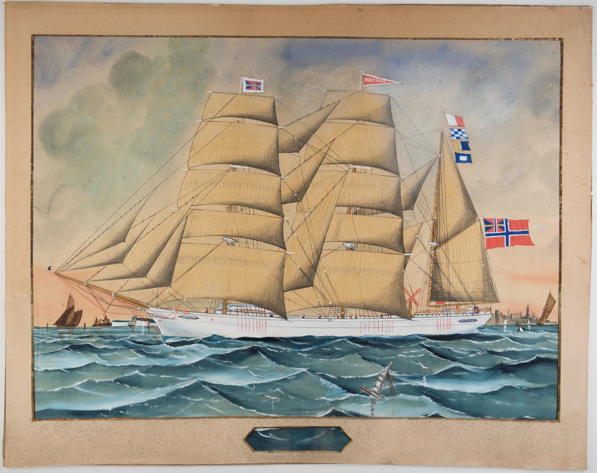 Bark 'Havfruen' av Sandefjord Unionsflagg, navnevimpel, gjøs, mesantoppen kjenningssignal HNKP