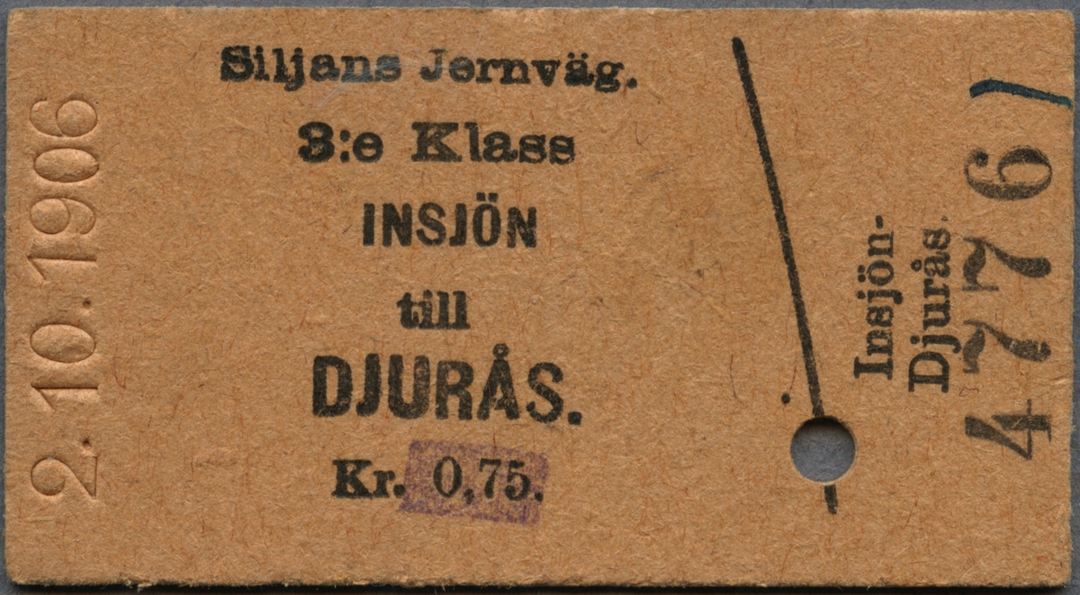 Brun Edmonsonsk biljett med tryckt text i svart:
"Siljans Järnväg
INSJÖN till DJURÅS
3.e Klass Kr. 0,75".
Biljetten har datumet "2.10.1906" präglat överst på kortsidan. Texten är tryckt på långsidan. Ett snett streck delar biljetten till höger, där endast resvägen är tryckt och siffrorna "4776" längst ut på kortsidan. Det finns ett hål efter biljettång.

Historik: Borlänge Siljans Järnväg, BSJ öppnades 1883 och 1912 övertogs denna av Södra Dalarnes Järnväg, SDJ.
Källa: Järnvägsdata med trafikplatser, Svenska Järnvägsklubben, 2009. Relaterar till bolag.