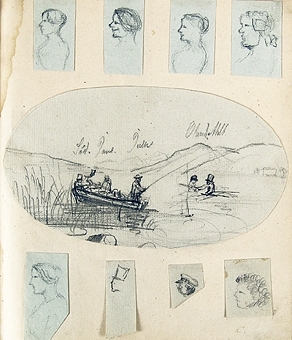 Skissbok med porträtt i blyerts, allt ritat av dir. Emil Mankell, sång- och teckningslärare i Härnösand. På framsidan: Porträttbok.