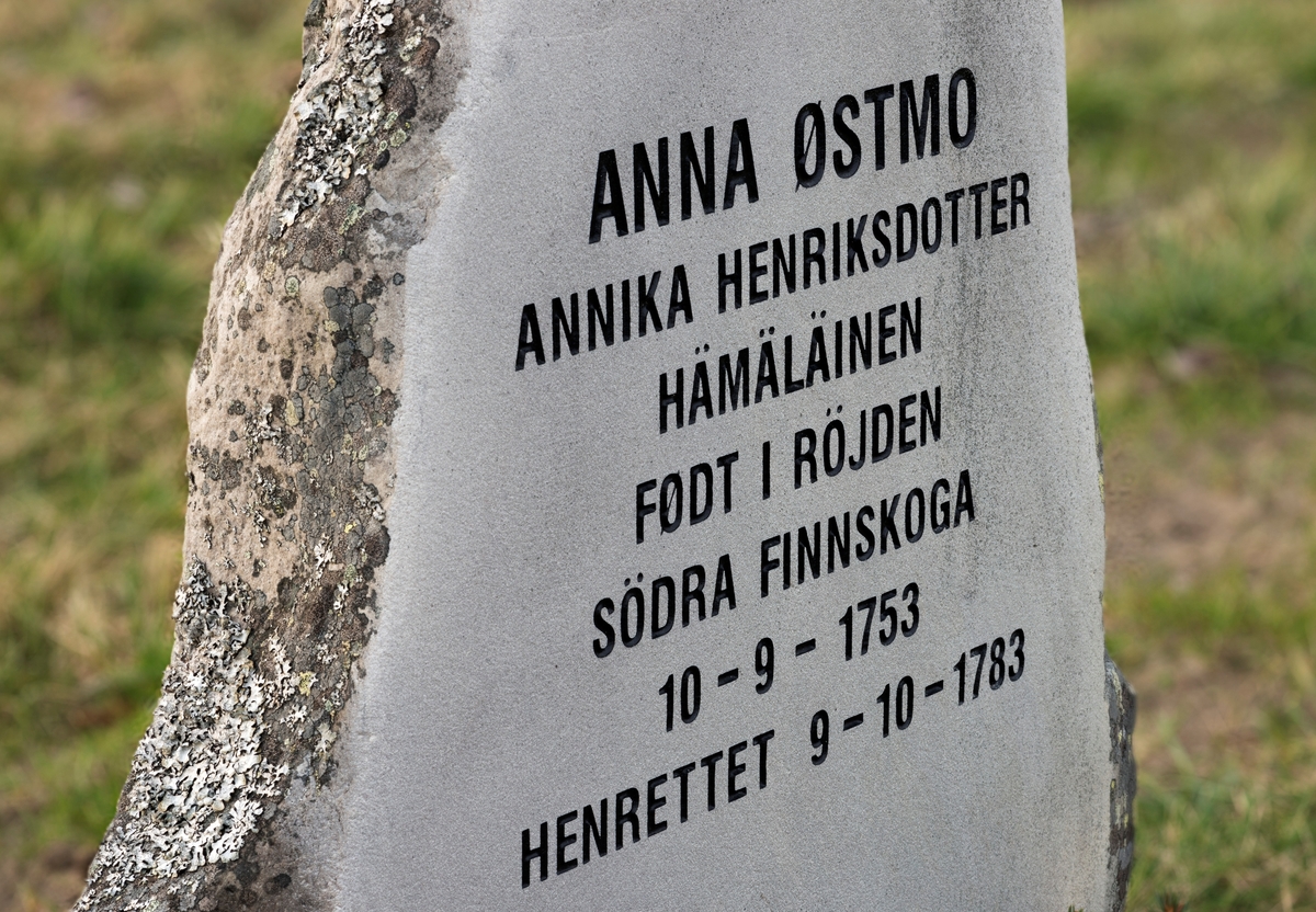 Detalj fra gravstøtte, reist over Anna Østmo eller «Annika Henriksdotter Hämäläinen», som ifølge innskrift på steinen skal ha vært født i Röjden i Södra Finnskoga 10. september 1753 og død 9. oktober 1783, altså i en alder av 30 år.  Døden inntraff ved henrettelse, etter at Anna var dømt for å ha født i dølgsmål og drept barnet sitt.  Et kort resymé av saken finnes under fanen «Bildehistorikk».  I forbindelse med gravearbeid 2010 ble det funnet et hodeløst kvinneskjelett i området der man mener at henrettelsen fant sted.  Dette utløste diskusjoner om hvordan man skulle forholde seg til det man antok var levningene etter den henrettete kvinna.  Det endte med en begravelse og oppsetting av ei gravstøtte av naturstein som var slipt på fronten, som dermed fikk ei gråkvit overflate, med inngravert, svartlakkert tekst.  

Fotografiet er tatt som et illustrasjonsforslag til en artikkel Kari Sommerseth-Jacobsen fra Kvinnemuseet - Museene i Glåmdal har skrevet om det moderne etterspillet saken mot tjenestejenta Anna Østmo (i noen sammenhenger også stavet Anna Austmo) fikk etter skjelettfunnet i 2010.  Artikkelen var fortsatt upublisert da dette fotografiet ble registrert.