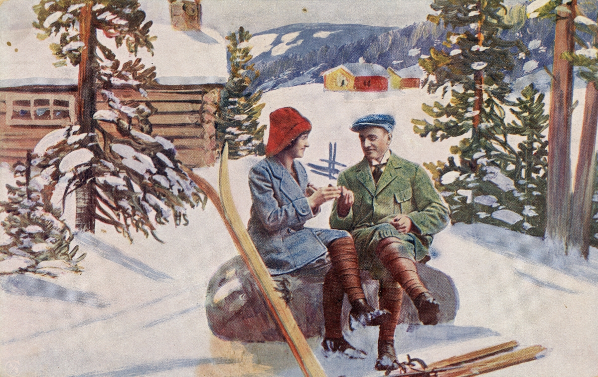 Postkort. Motivet på kortets fremside viser mann og kvinne under en rast på skitur i vinterlandskap.