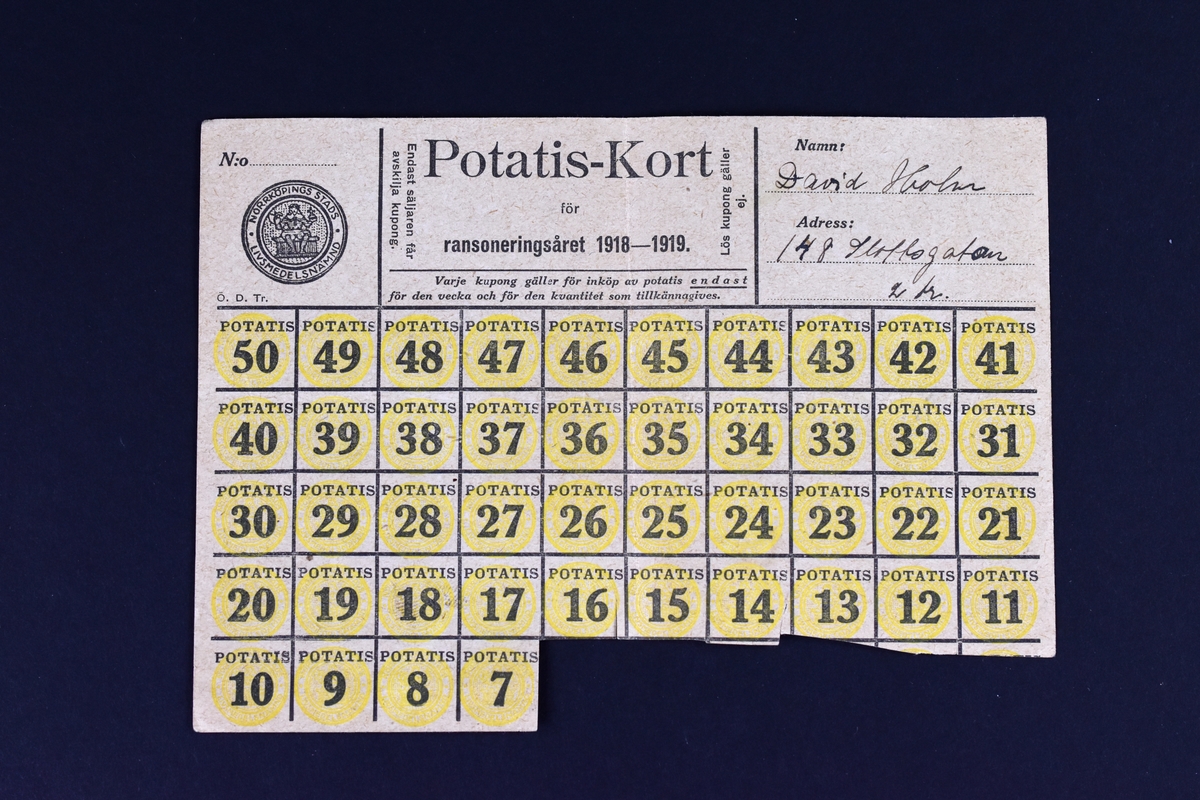 Potatiskort för ransoneringsåret 1918-1919 utfärdat av Norrköpings stads livsmedelsnämnd till David Holm.