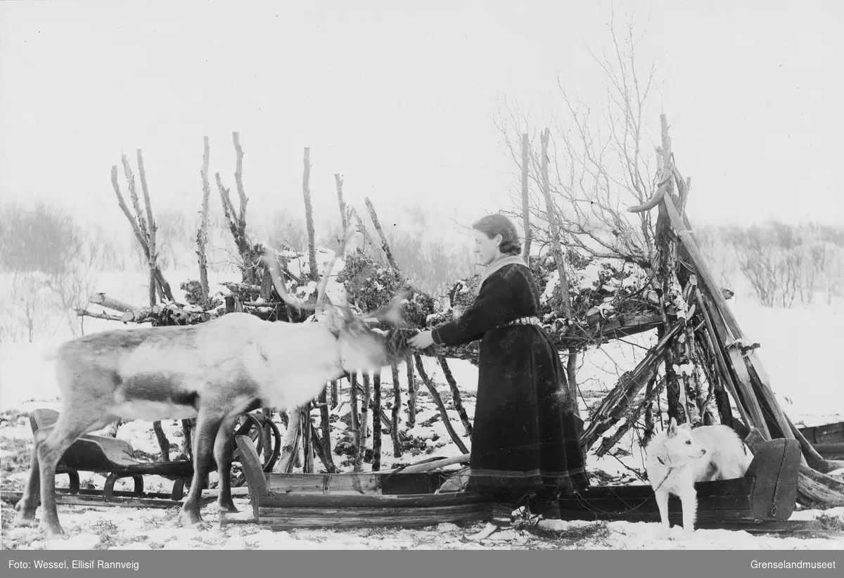 En koftekledt Ellisif Wessel mater kjørereinen ved mosekraken ved Solheim, vinteren 1896.