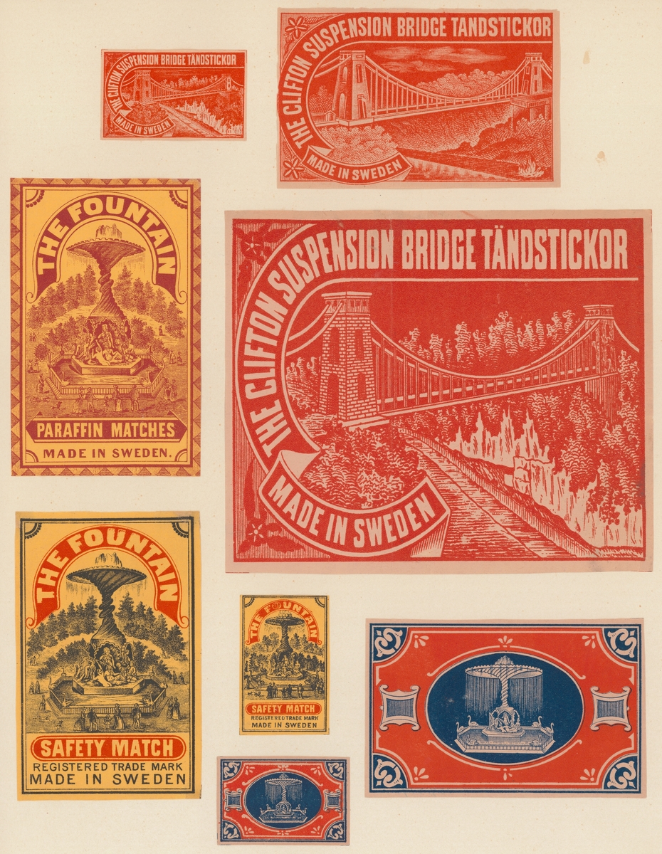 Etiketter för tändsticksaskar, från Svenskt Industri- och Handelsmuseum.
Byggnadskonst (The Clifton Suspension Bridge, The Fountain).
