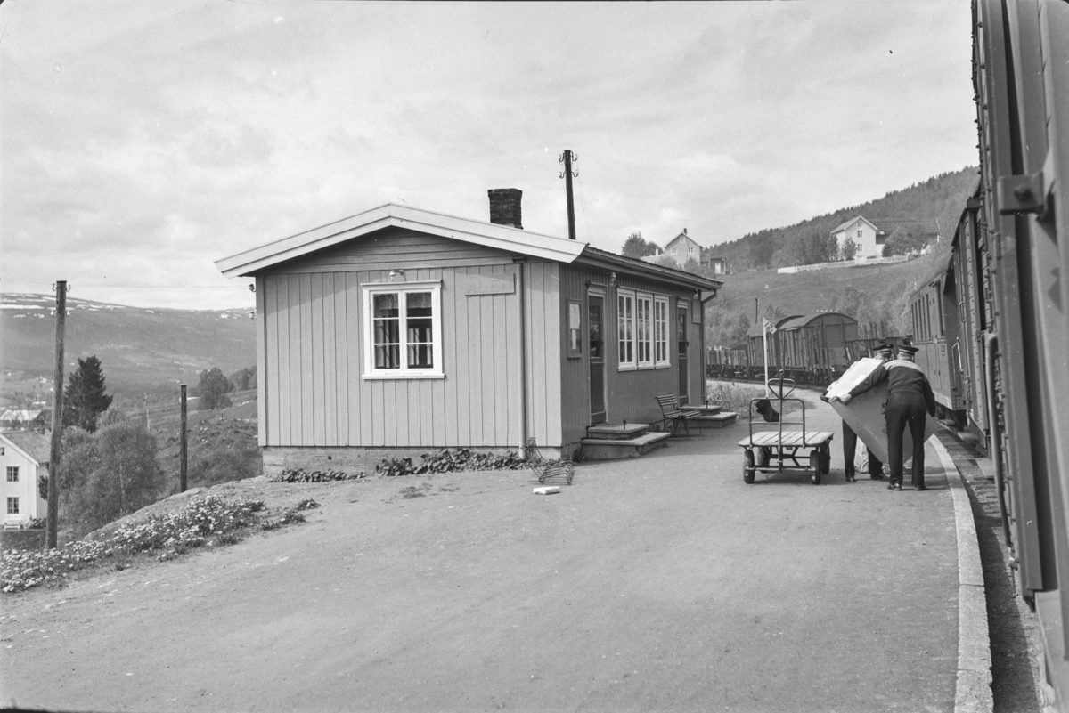 Underveisgodstoget fra Trondheim til Hamar over Røros, tog 5712, på Ålen stoppested. Av- og pålessing av stykkgods.