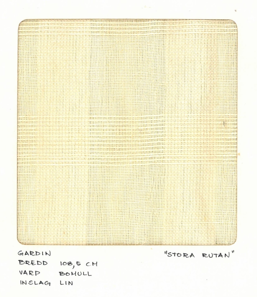 Pärm med vävprover till gardiner.
Gardin "Stora rutan"
Formgivare: Kerstin Butler 1961-1969