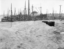 Vadsø havn 1952. Bildet er tatt på kaia mot nordvest, delvis