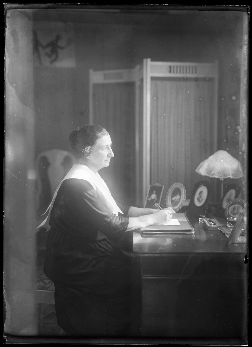 Anna Lenander porträtterad medan hon sitter vid skrivbord och tittar ut genom ett fönster.