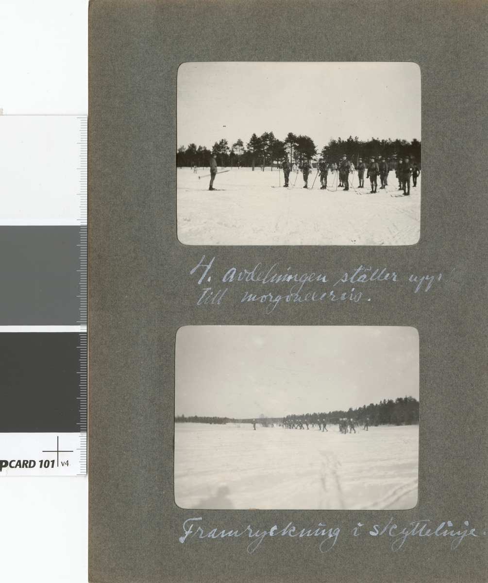 Text i fotoalbum: "Vinterövningarna vid Umeå 1916. Framryckning i skyttelinje."