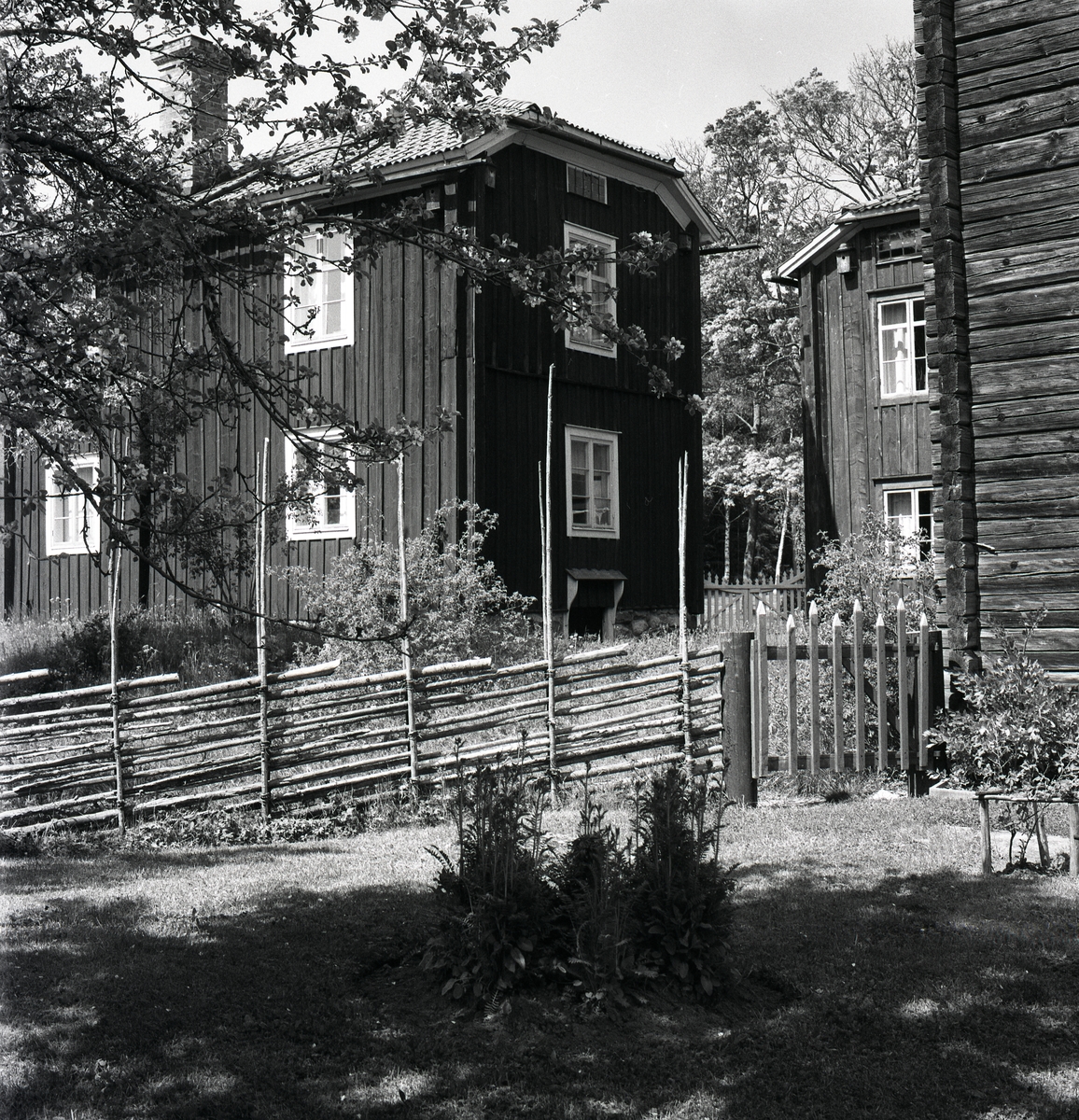 En gård med timrade hus, gräsmatta, rabatter, träd, gärdesgård och grind ligger vid Hembygdsbyn, 1975.