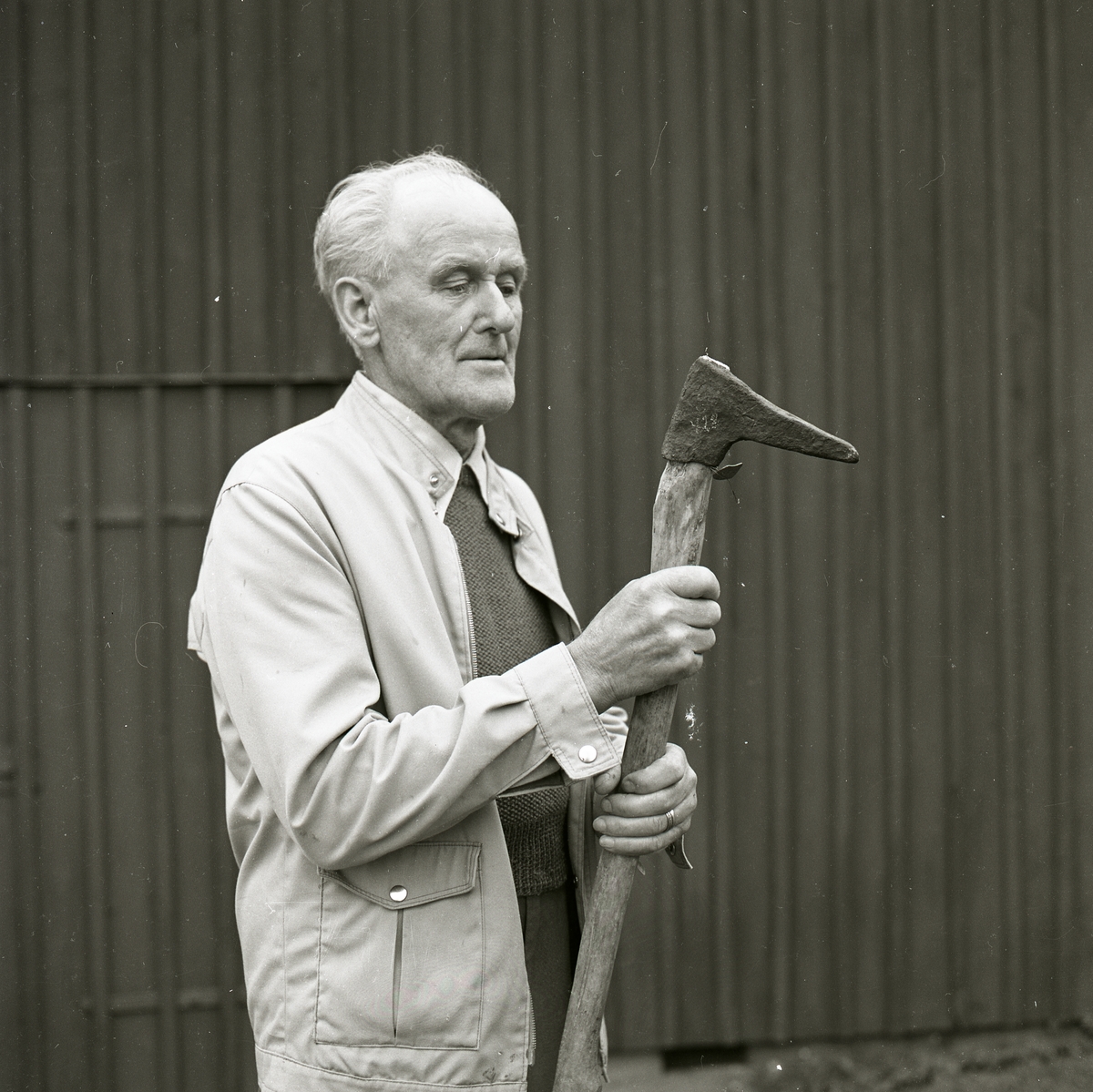 En man håller ett jordbruksredskap i händerna framför en timrad vägg, Hembygdsbyn 7 juni 1979.