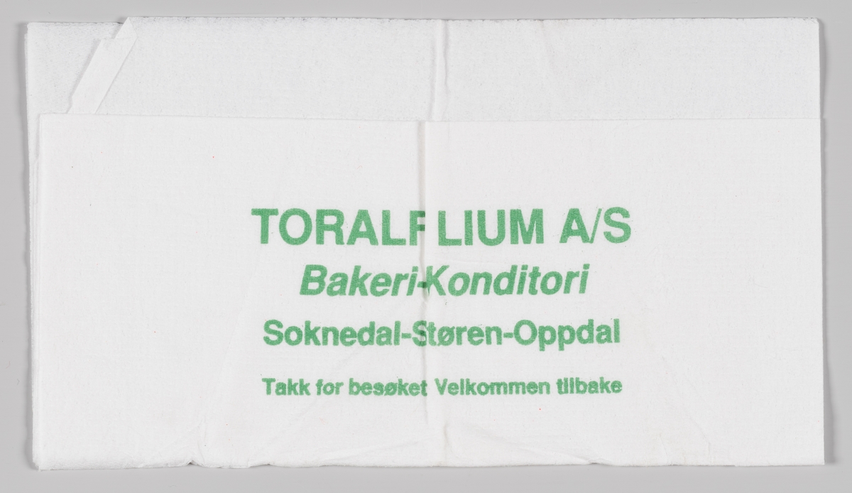 En reklametekst for Toralf Lium Bakeri og Konditori i Soknedal.

Toralf Lium Bakeri og Konditori A/S i Soknedal ble startet i 1945 av Toralf Lium og stoppet driften i 2007 på grunn av konkurs.