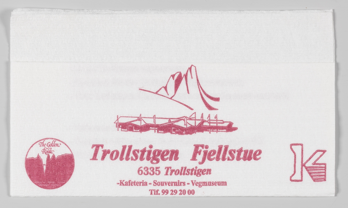 En tegning av et fjell og bygninger og en reklametekst for Trollstigen Fjellstue ved Trollstigen.

Samme reklame på MIA.00007-004-0277.