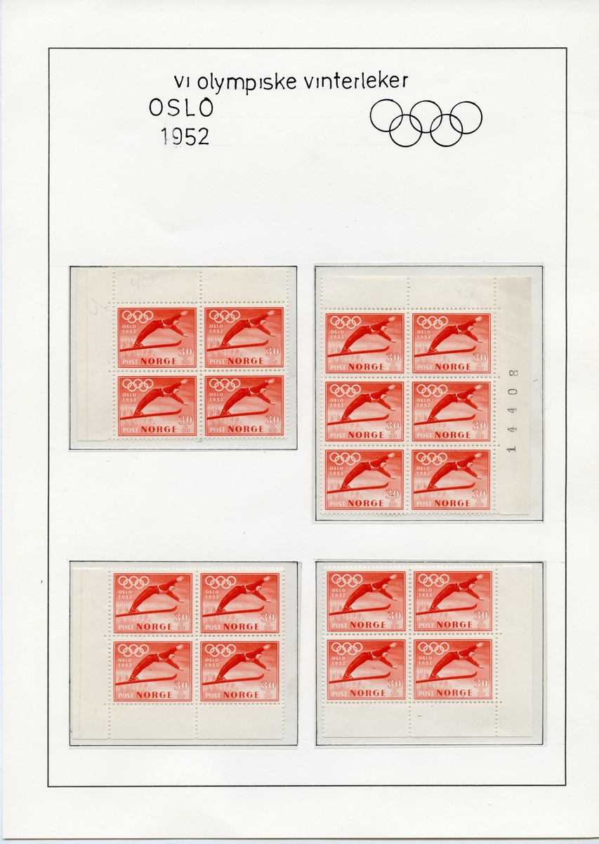 Albumside med 18 røde frimerker (3 blokker av 4 frimerker og en blokk med 6 frimerker). Alle frimerkene har de olympiske ringer i hvitt, og en skihopper.