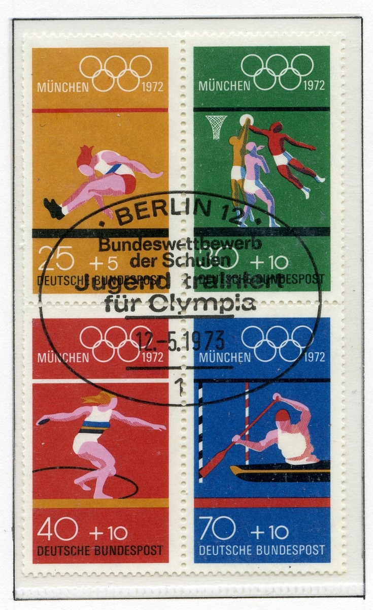 12 frimerker, dvs 3 sett av fire frimerker, monter på A4 side. Motivene viser lengdehopp, basketball, diskos og padling. Alle frimerkene har de olympiske ringer. Den ene blokken med fire frimerker er stemplet i 1973.