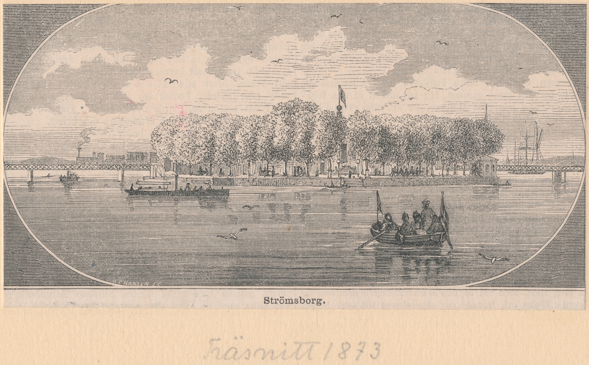 Träsnitt från 1873
Strömsborg på sträckan mellan Stockholm Central/Tegelbacken och Riddarholmen.