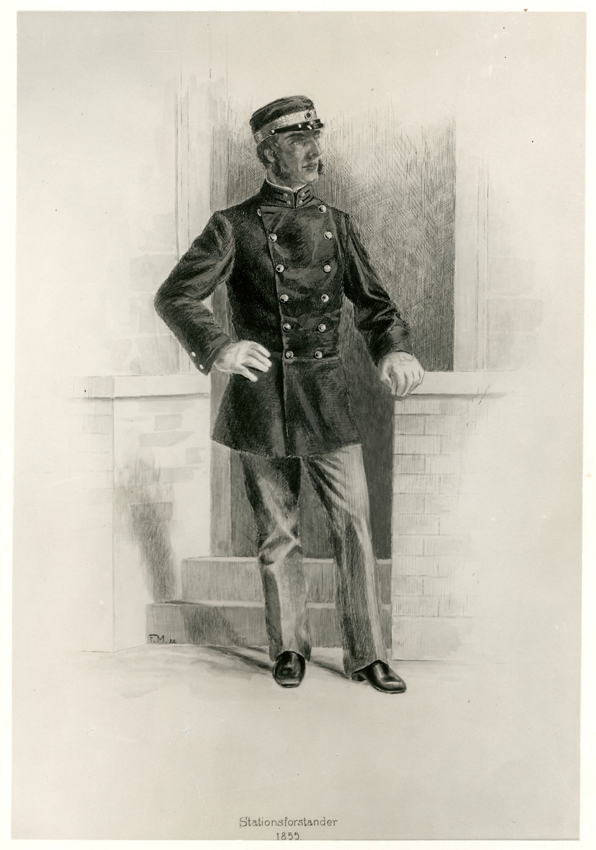 Teckning, dansk stationsförståndare i uniform.