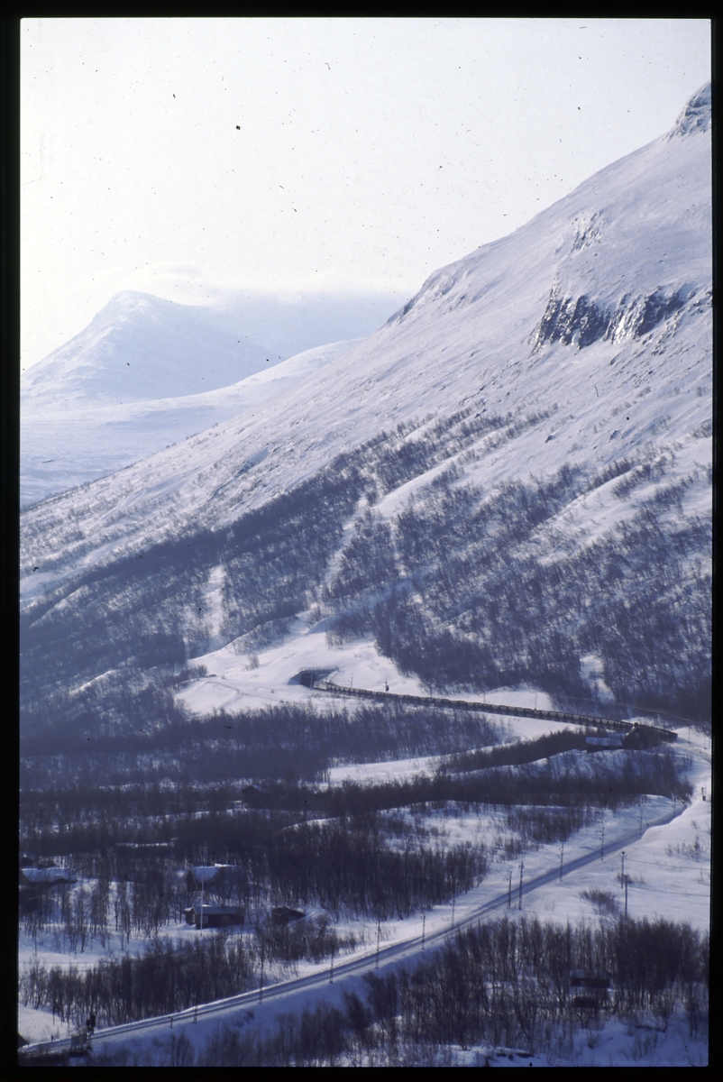Vinterbild vid Björkliden över malmbanan.