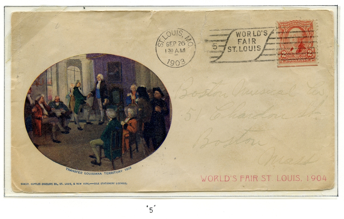 Konvolutt frankert med et rødt frimerke med portrett av Washington. Konvolutten er forhåndstrykket med et ovalt bilde som viser hendelsen da Louisiana ble overgitt fra Frankrike til USA i 1803. Konvolutten er stemplet i 1903, og stempelet er merket med et 5-tall. 
Postkortet er frankert med et grønt frimerke med portrett av Livingston, som har forhåndstrykk og er stemplet i 1904. Stempelet er merket med et 6-tall.