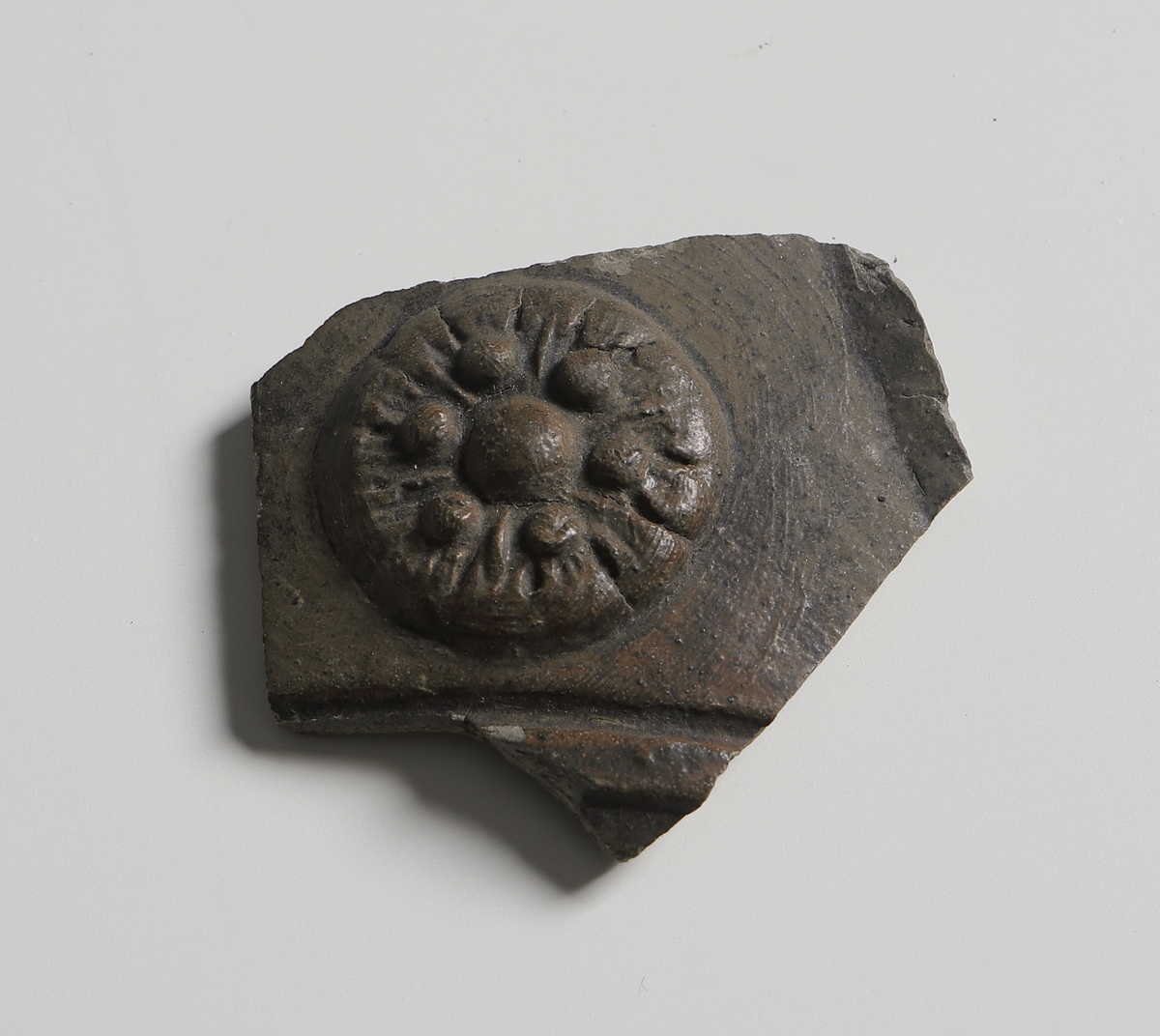 Bukfragment av brunglaserat stengodskärl med medaljong i form av en blomma (tudorros?). Vitgrå insida. Tillverkad i västra Tyskland år 1575 - 1700.