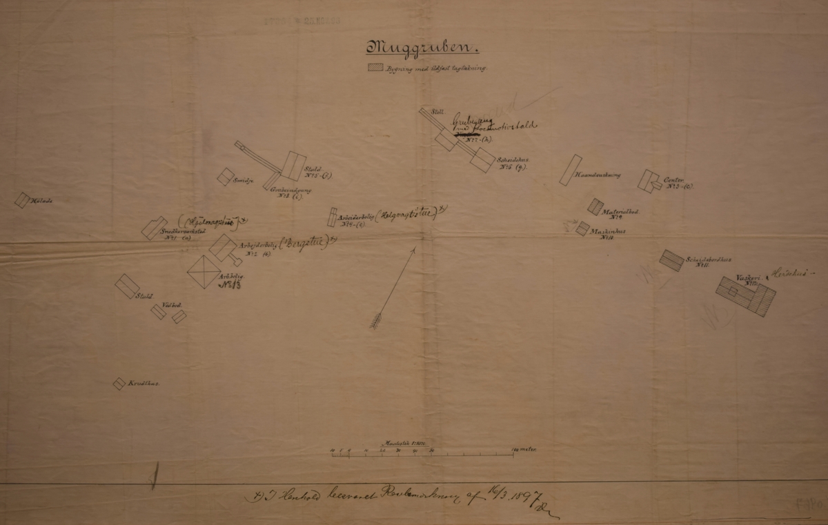 Repro av dagkart over Muggruva påført datering 1897

Kartet finnes i Røros Kobberverks arkiv.