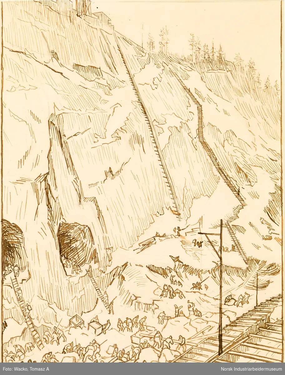 Fem forstudeier og skisser til svelgfos-serien. Motiv fra utbyggingen av kraftverket Svælgfos. Forarbeidet til «Fossen» (1907), «Grunnarbeide» (1907), «Dammen på Kloumann-sjøen» (1908), «Svælgfos» (1907) og «Markens grøde» (1907).