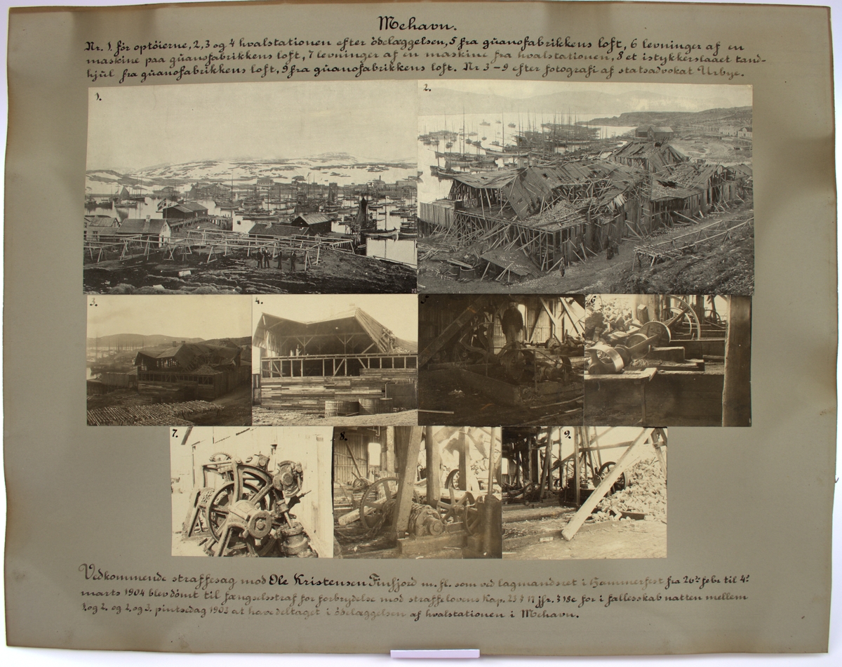 Ni nummererte fotografier limt opp på en papplate. Bildene viser ødelagte bygninger og maskiner.