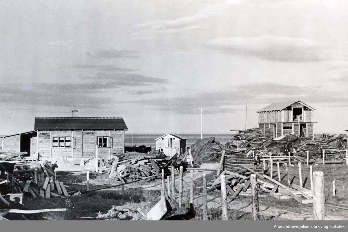 Hus bygget av flyplassviller i Berlevåg, 1946. Bilde fra arbeiderdelagsjonens tur til Finnmark og Nord- Troms, Opplysningskomiteen for gjenreisningsarbeidet. Medlemmene av komiteen var klubbformenn fra ulike store bedrifter på studietur.