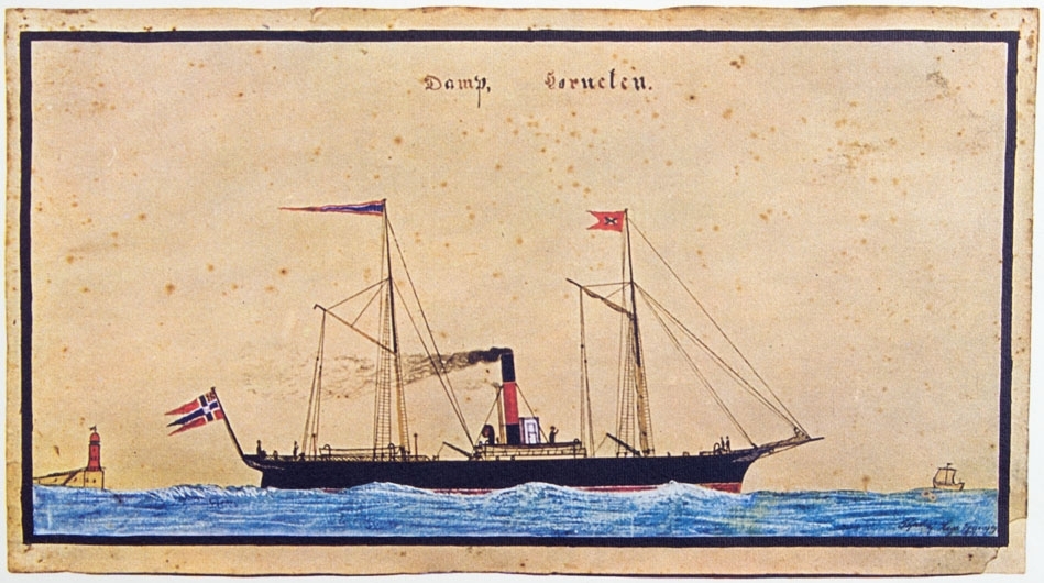 Kopi av akvarell av DS HORNELEN  bygget i Newcastle i 1866. Skipet sees under fart..  Norsk handelsflagg med svensk-norsk unionsmerke (sildesalaten) i akter. Ser et fyrtårn i venstre side av motiv.