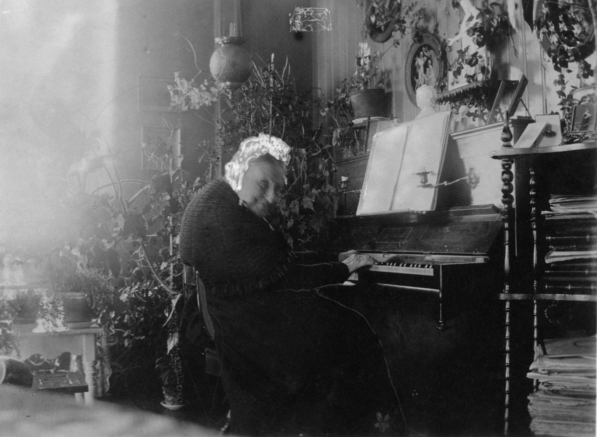 Fru Dorothea Anker f. Arveshoug (1811-1905) avblildet sittende foran sitt piano.
3 ex (2 kopier). Innlagt i konvolutt påskrevet "Fotografi av Fru Dorothea Anker over 90 Aar gammel".