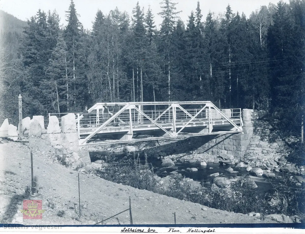 Tekst på bilde: " Solheims bro Flaa, Hallingdal" 
Solheim bru over Solheimselva på Hallingdalsvegen gjennom Gulsvik tettsted. Fagverksbru, 17 meter lang, bygget rundt 1900. Før 1900 gikk Hallingdallsvegen på vestsida av Krøderen. Samtidig med jernbane-utbygging på østsiden ble Hallingdalsvegen flyttet over. 
I 1964 fikk Gulsvik tettsted omkjøringsveg, en av landets første. Gamlevegen med Solheim bru ble lokalveg.