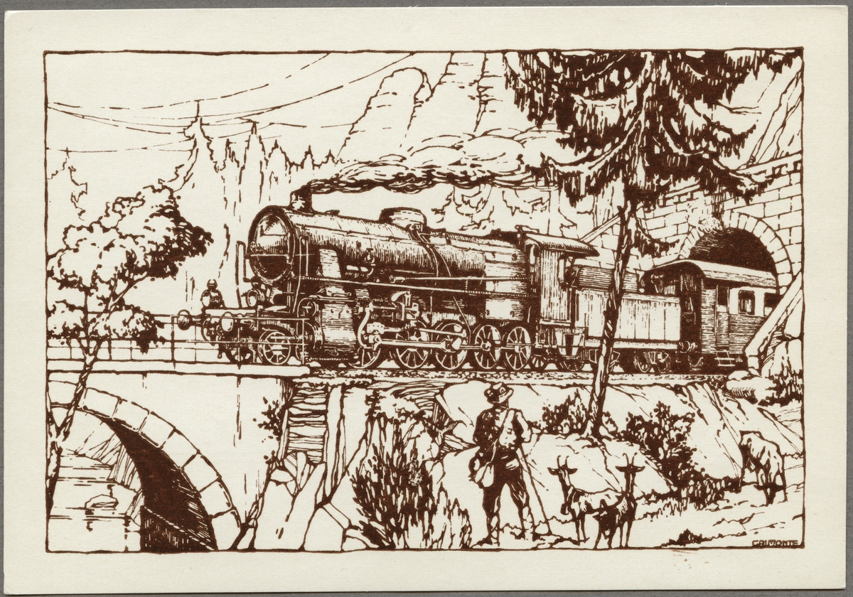 Litografi föreställande järnvägsbro med ånglok, Ferrovie dello Stato, FS 480.