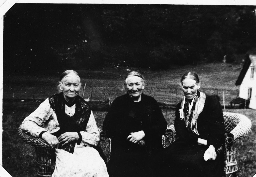 Tre koner, f. v. Ane Njå (1882 - ) g. m. Simon Lomeland, Bine Aarrestad f. på Helleland (1861 - 1951) g. m. Peder P. Høyland (Høylandsgarden) Maria Åsen f. Pedersdtr. Høyland (1864 - ), g. 1895 m. Rasmus Åsen.
