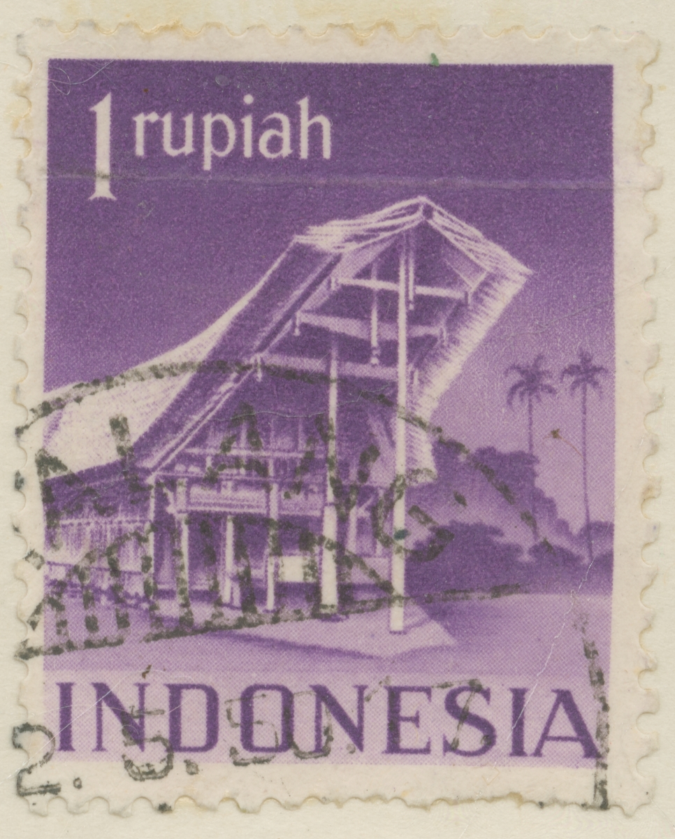 Frimärke ur Gösta Bodmans filatelistiska motivsamling, påbörjad 1950.
Frimärke från Indonesien, 1949. Motiv av hus i Indonesien, 1949.