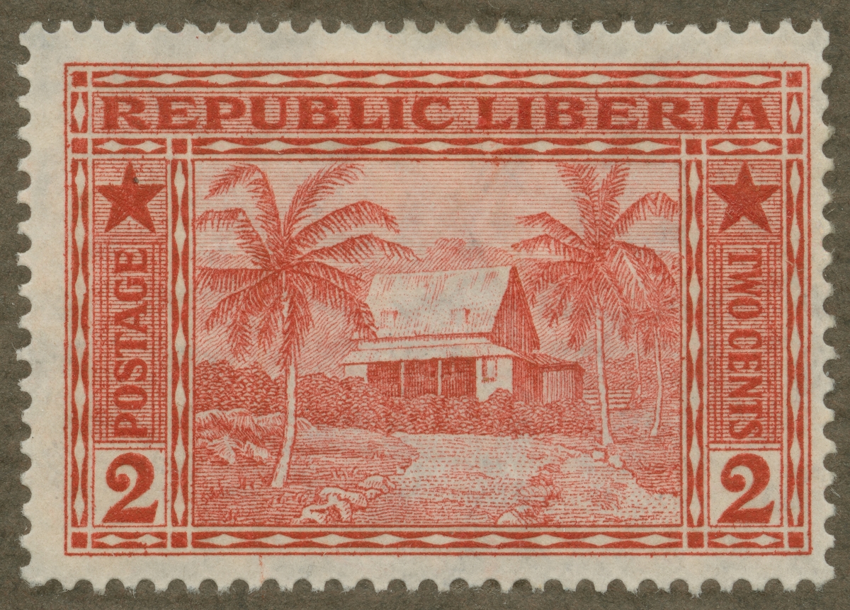 Frimärke ur Gösta Bodmans filatelistiska motivsamling, påbörjad 1950.
Frimärke från Liberia, 1915. Motiv av Hus i Liberia.