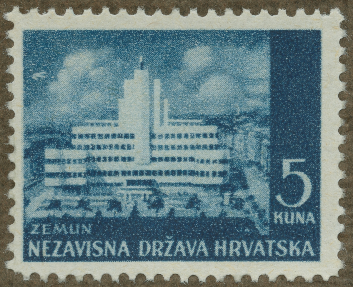 Frimärke ur Gösta Bodmans filatelistiska motivsamling, påbörjad 1950.
Frimärke från Kroatien, 1941. Motiv av stor byggnad i Zemun.