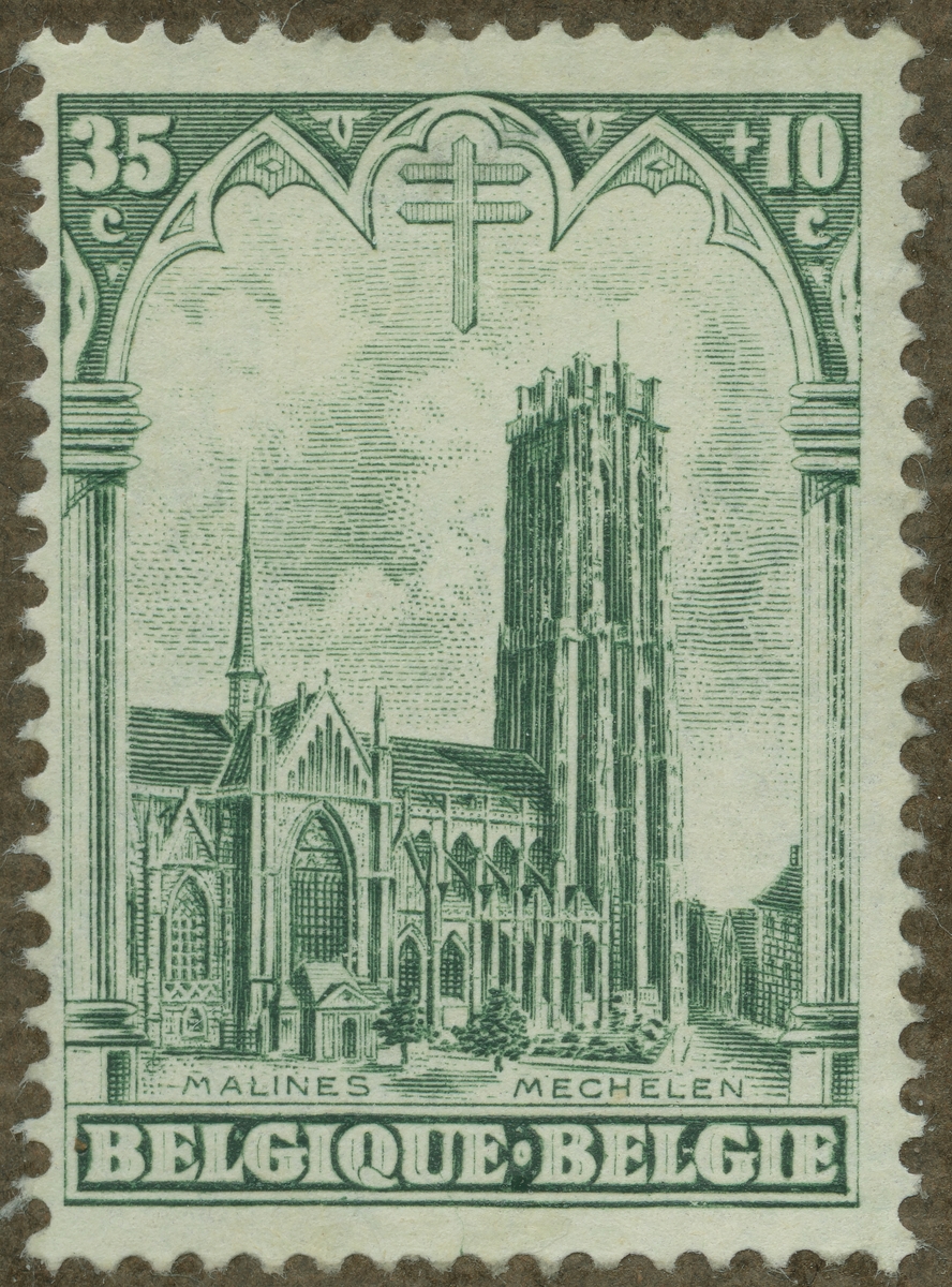 Frimärke ur Gösta Bodmans filatelistiska motivsamling, påbörjad 1950.
Frimärke från Belgien, 1928. Motiv av St. Rombaut, katedralen i Malines samt Beffroin, vakttornet.