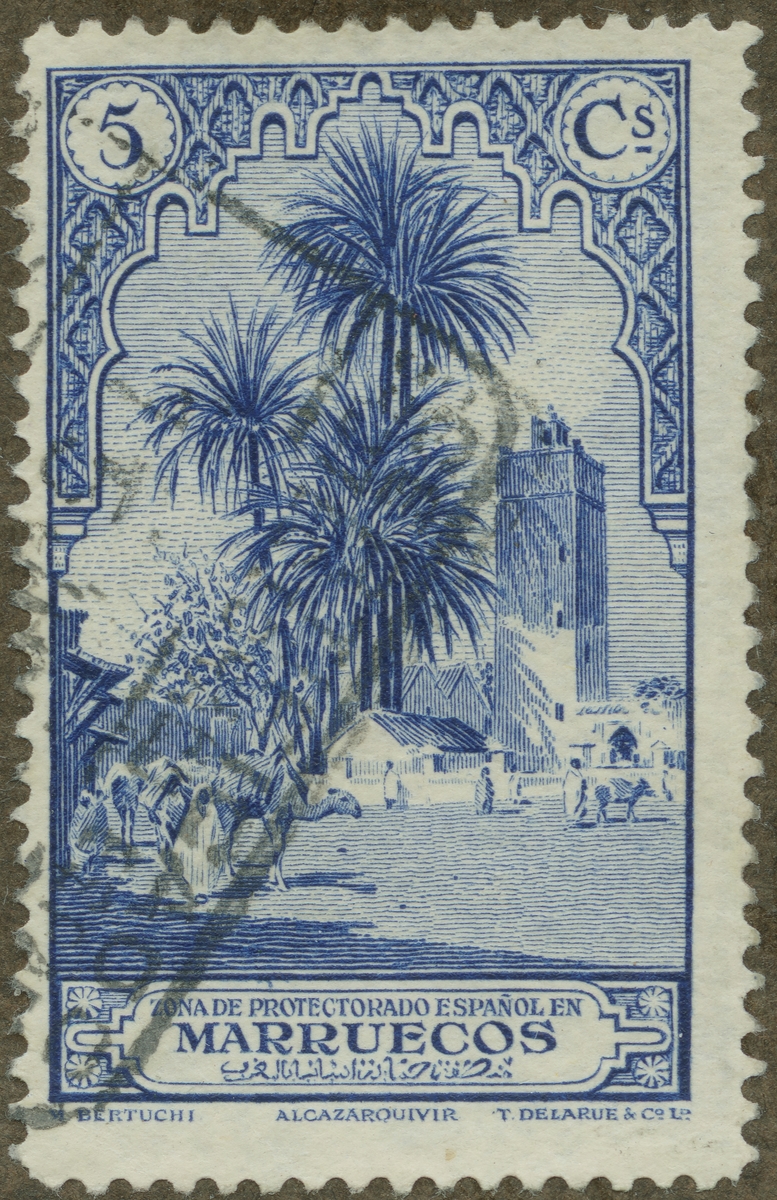 Frimärke ur Gösta Bodmans filatelistiska motivsamling, påbörjad 1950.
Frimärke från Spanska Marocko, 1928. Motiv av moskéen i Alcazarquivir.