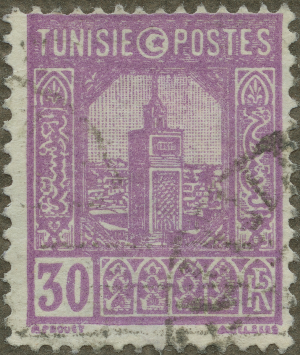 Frimärke ur Gösta Bodmans filatelistiska motivsamling, påbörjad 1950.
Frimärke från Tunisien, 1926. Motiv av Stora Moskén i Tunis.